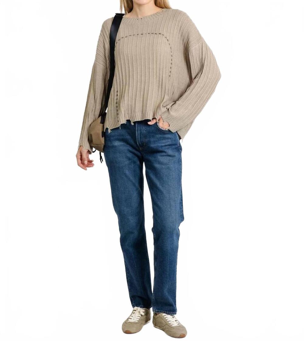 NEW TERRA contrast stitch & rib sweater in light beige